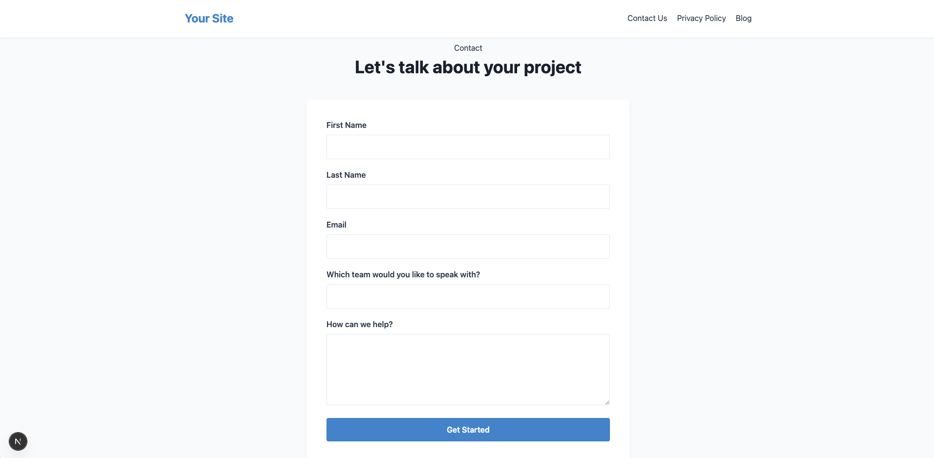 Preview of the contact us page